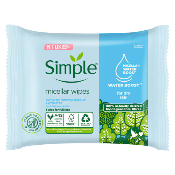 Simple Kind to Skin Water Boost Micellar Cleansing Wipes 20 (British brand)
