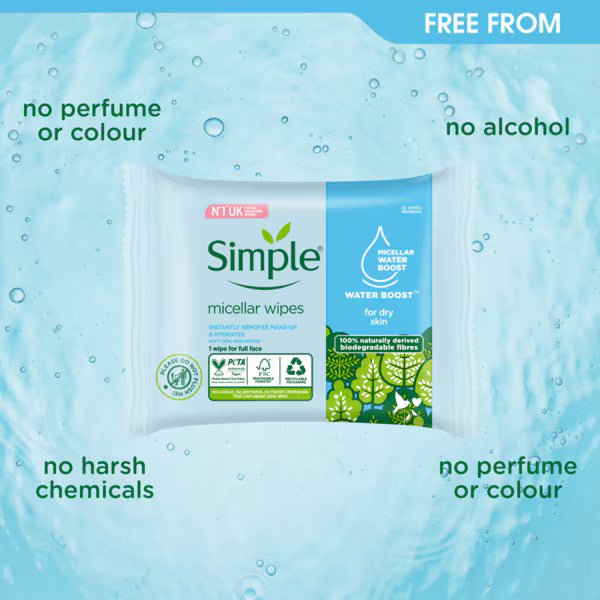 Simple Kind to Skin Water Boost Micellar Cleansing Wipes 20 (British brand)