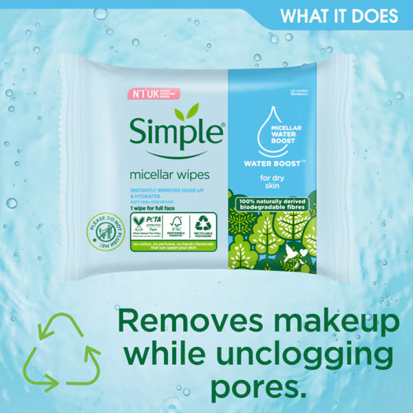 Simple Kind to Skin Water Boost Micellar Cleansing Wipes 20 (British brand)