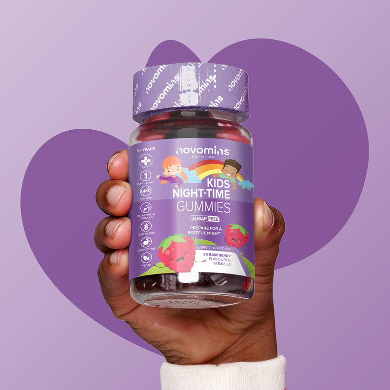 Novomins Night-Time Raspberry Gummies 30 Pack, imported from the UK