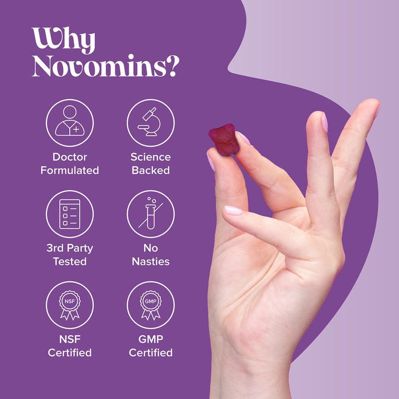 Novomins Night-Time Raspberry Gummies 30 Pack, imported from the UK
