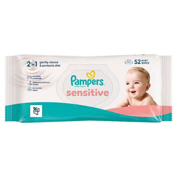 Pampers Sensitive Plastic Free Baby Wipes 52 wipes, imported from the UK