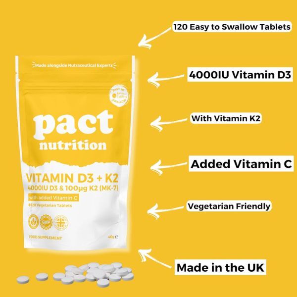 Pact Nutrition Vitamin D3 K2 tablets 4000iu 100mcg 120 count - British product