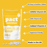 Pact Nutrition Vitamin D3 K2 tablets 4000iu 100mcg 120 count - British product