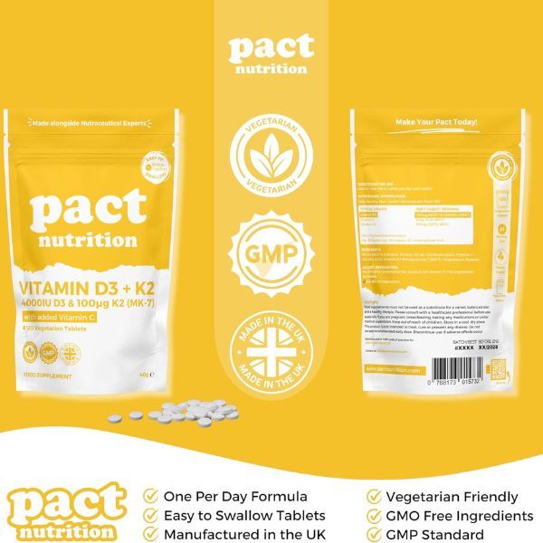 Pact Nutrition Vitamin D3 K2 tablets 4000iu 100mcg 120 count - British product