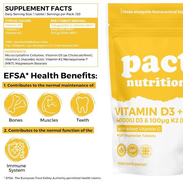 Pact Nutrition Vitamin D3 K2 tablets 4000iu 100mcg 120 count - British product