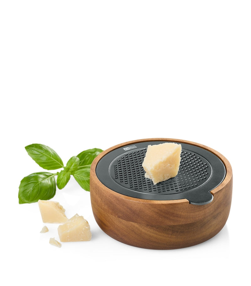 AdHoc fine round grater with acacia wood serving bowl - British product