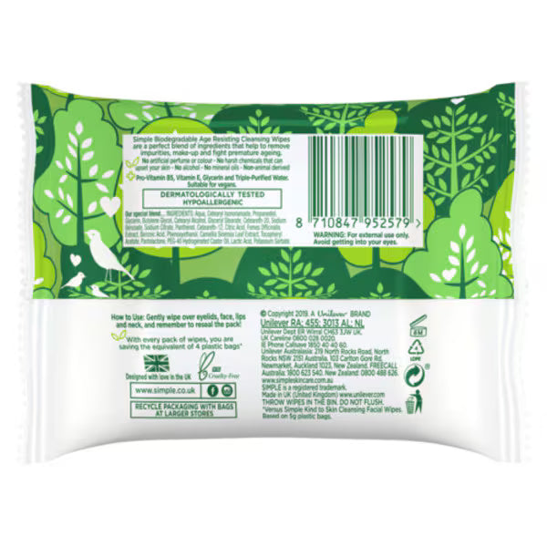 Simple Age Resisting Biodegradable Facial Wipes 20 Pack (British brand)