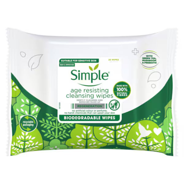 Simple Age Resisting Biodegradable Facial Wipes 20 Pack (British brand)