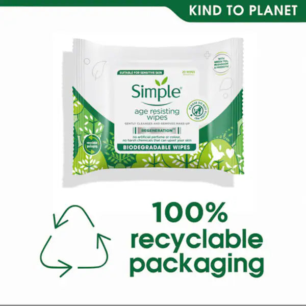 Simple Age Resisting Biodegradable Facial Wipes 20 Pack (British brand)