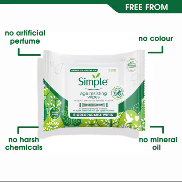 Simple Age Resisting Biodegradable Facial Wipes 20 Pack (British brand)