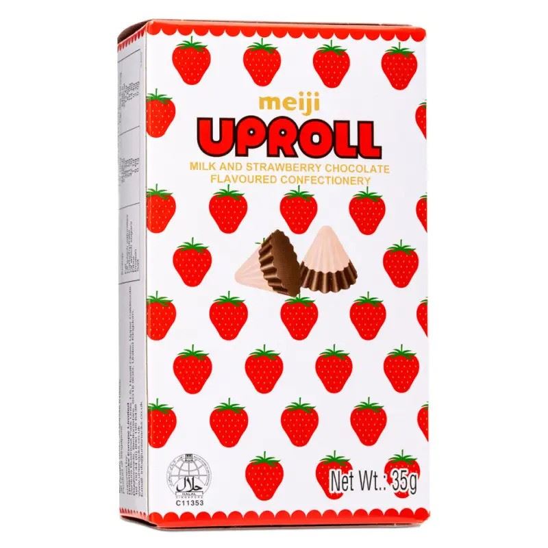 Meiji Uproll milk and strawberry chocolate confectionery (British brand)