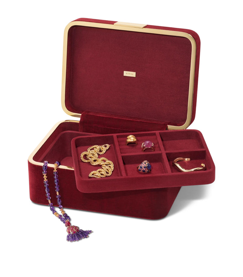 Aerin velvet jewellery box with suede-lined interior and compartments - British product