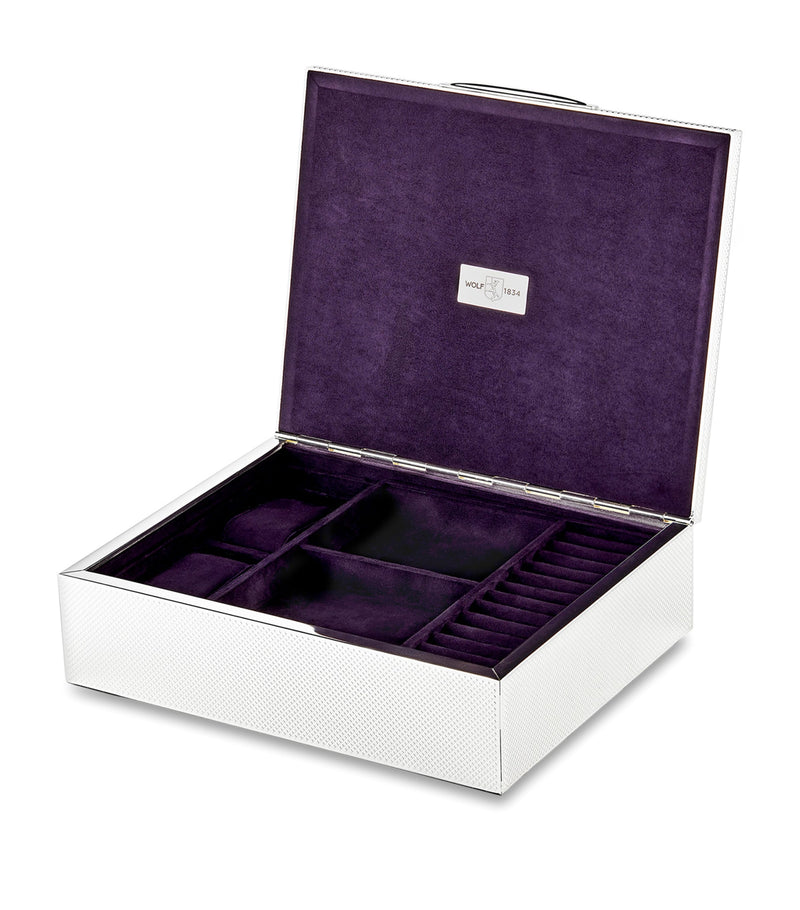 WOLF silver-plated iron jewellery box with detachable compartments and purple lining 7x25x20cm (British brand)