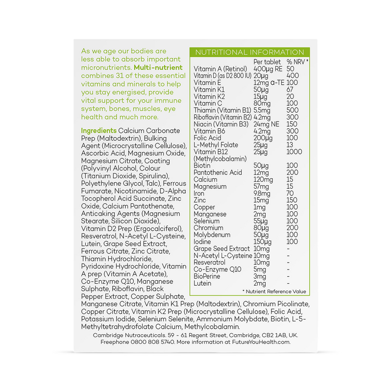 Multi-nutrient supplement for 50+, imported from the UK