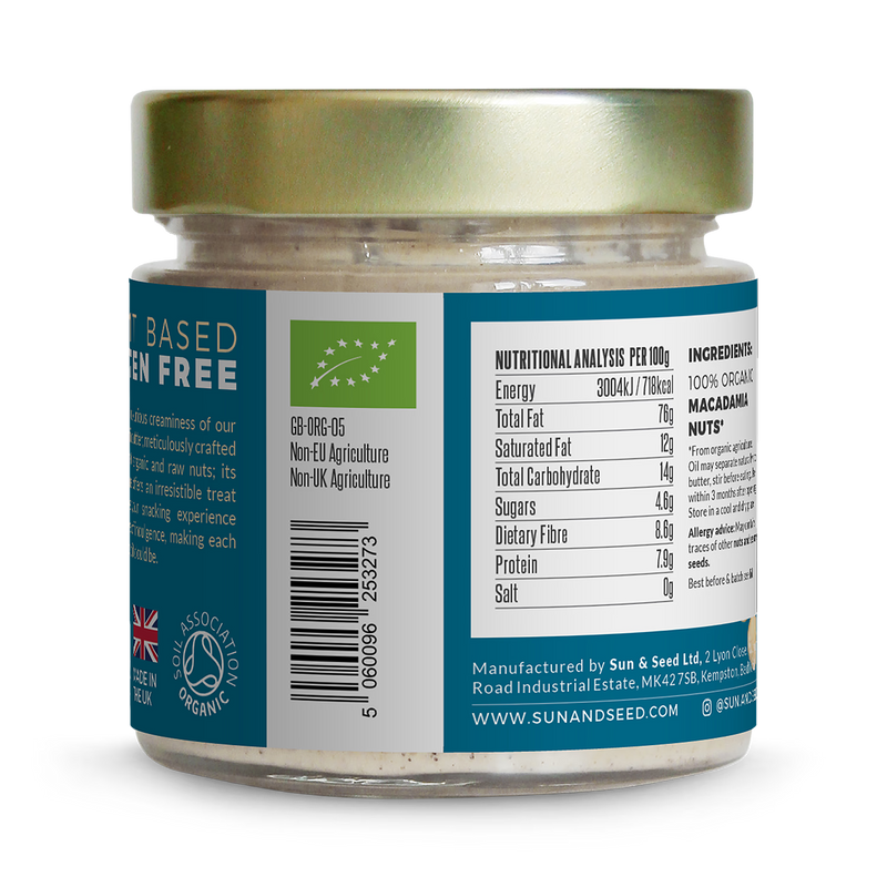 Sun & Seed organic raw macadamia butter 200g, imported from the UK