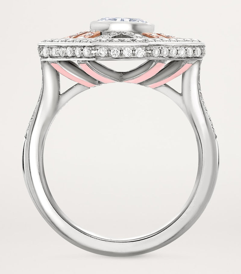 Boodles Ashoka diamond platinum ring with pink diamonds (British brand)