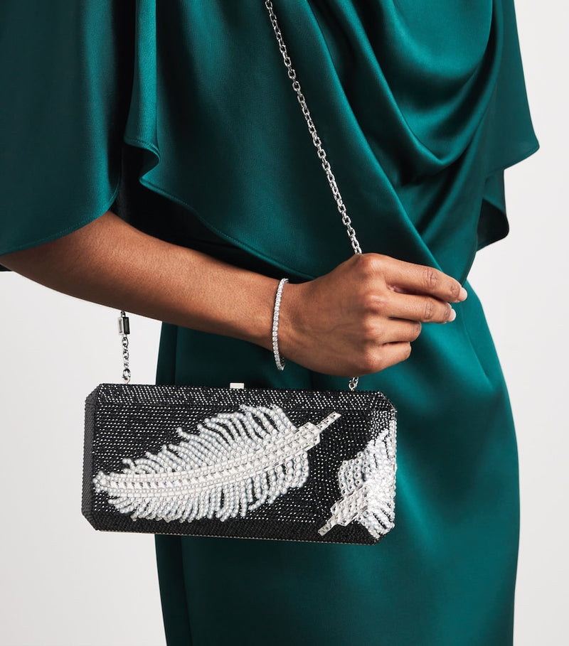 Judith Leiber crystal feather clutch bag with chain strap (British brand)