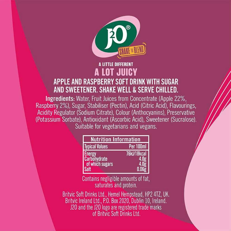 J2O Apple & Raspberry fruit blend drink 275ml, UK version