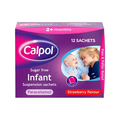 Boots Calpol Sugar Free Infant Suspension Strawberry Flavour Pain Relief Oral 12 x 5ml Sachets- Buy online at McGrocer