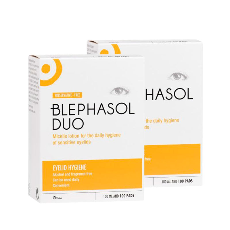 Thea Pharma Blephasol Duo eyelid hygiene solution with pads, 2 x 100ml & 100 pads - British product