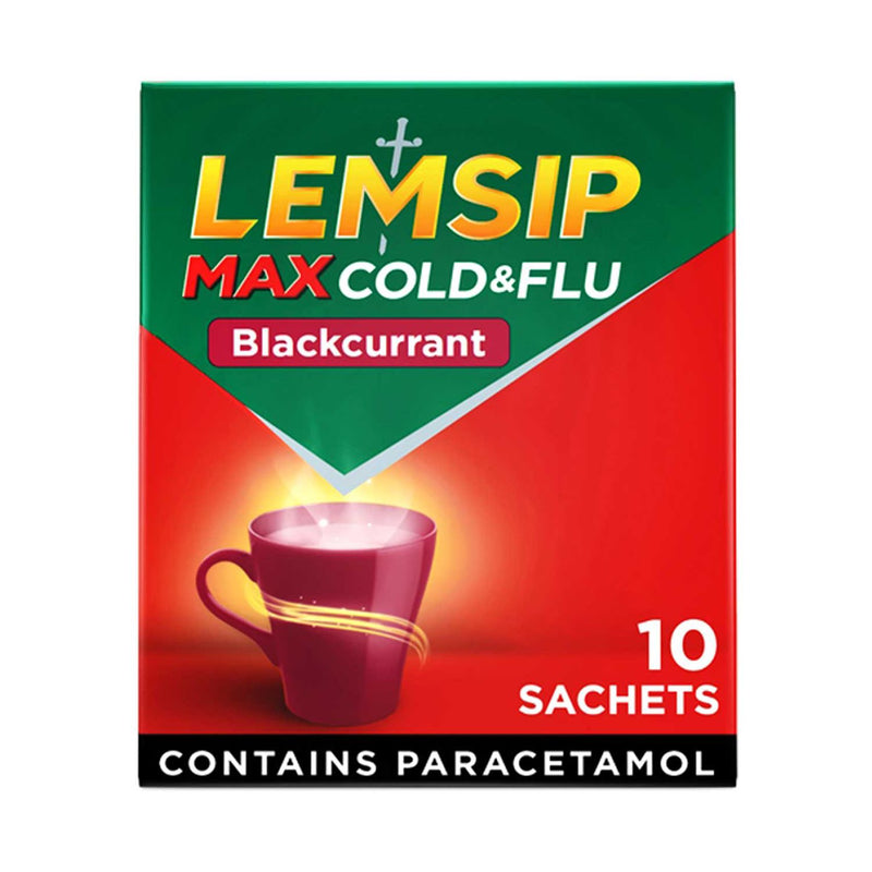 Lemsip Cold & Flu blackcurrant sachets 10 pack - British product