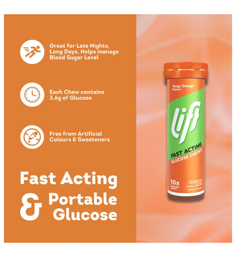 Lift glucose tablets tangy orange 10 pack, imported from the UK