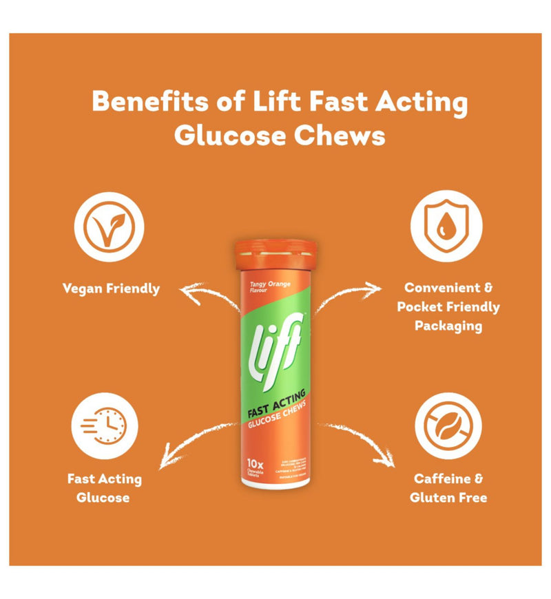 Lift glucose tablets tangy orange 10 pack, imported from the UK