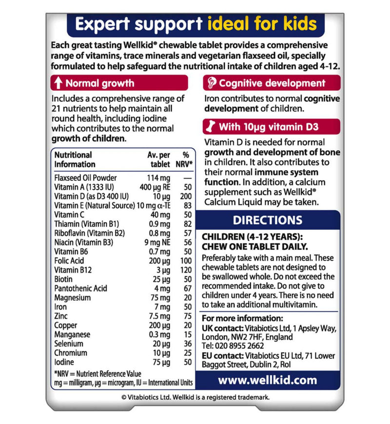 Vitabiotics WellKid multivitamin chewable 30 tablets, imported from the UK