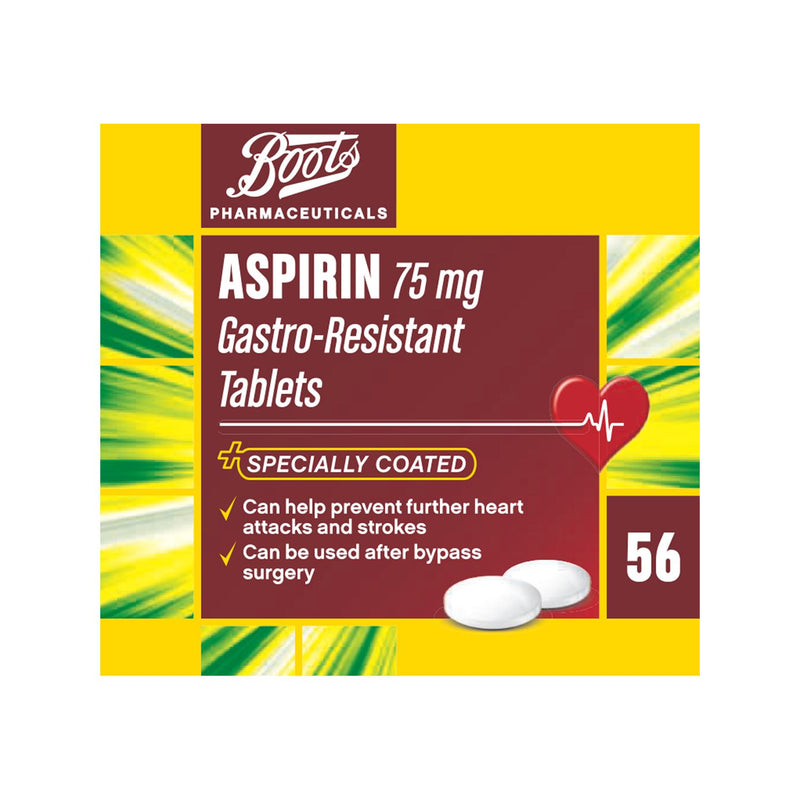 Boots Pharmaceuticals aspirin gastro-resistant tablets 56 count - British product