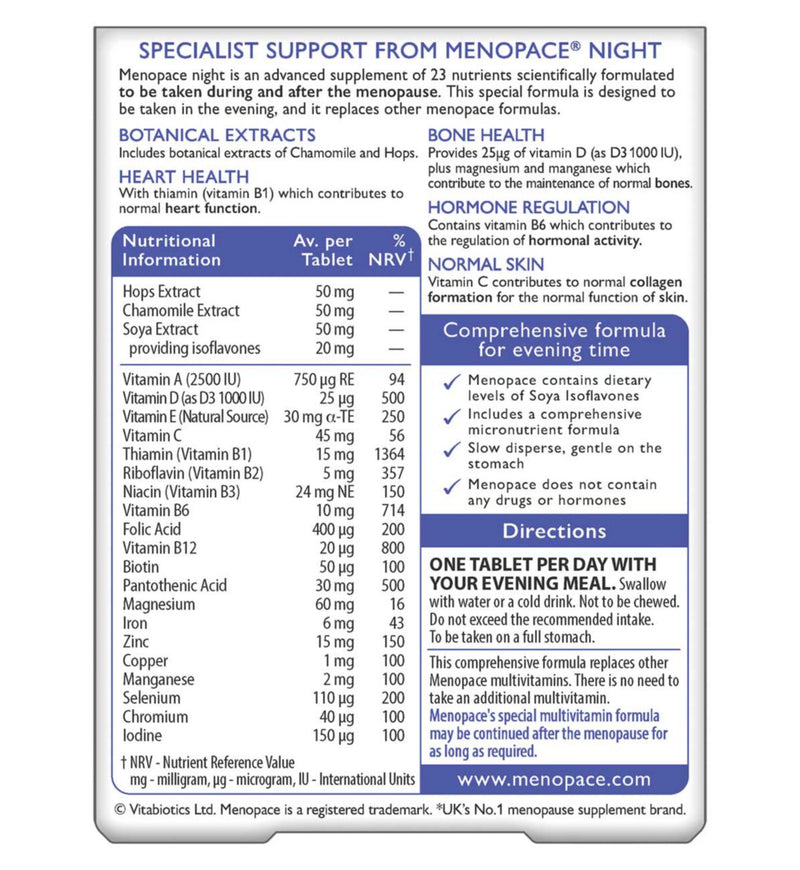 Vitabiotics Menopace Night supplement 30 tablets (British brand)
