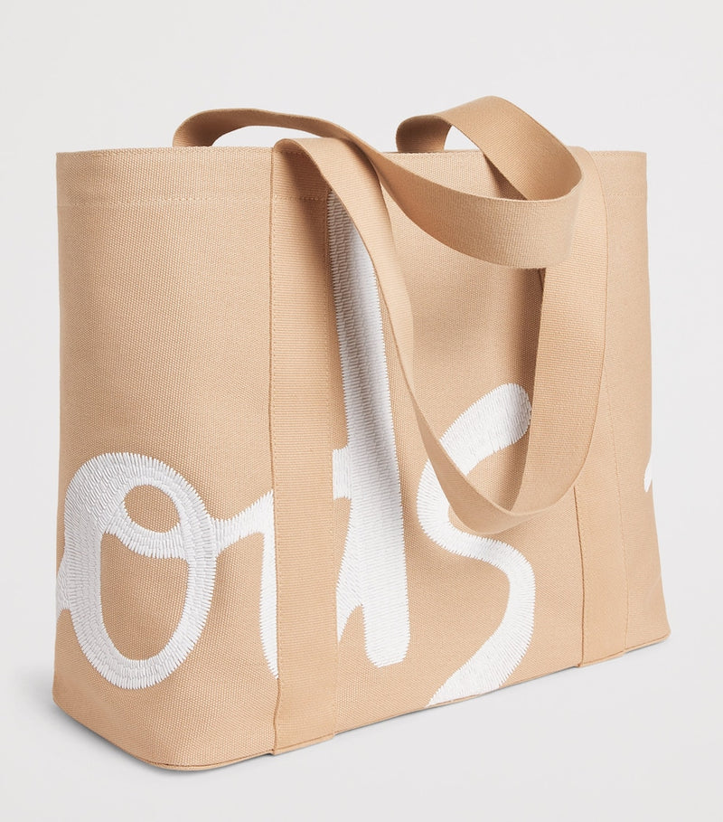 Harrods medium beige tote bag with embroidered logo, imported from the UK