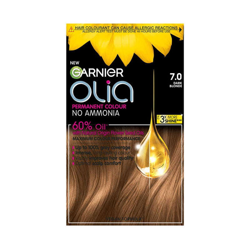 Garnier Olia 7.0 Dark Blonde permanent hair dye, imported from the UK