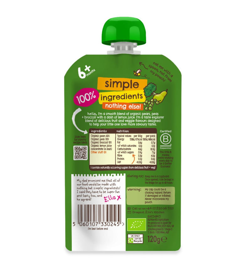 Ella's Kitchen organic pears peas broccoli baby food pouch 120g (British brand)