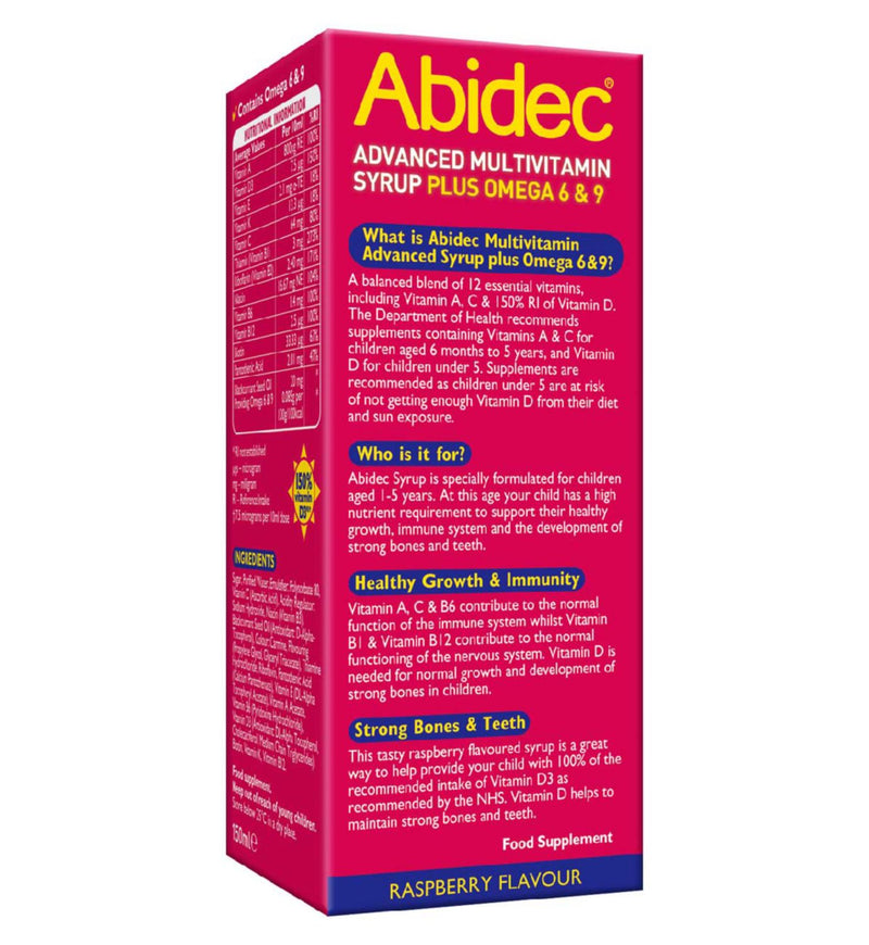Abidec Advanced Multivitamin Syrup Raspberry Flavour 150ml - British product