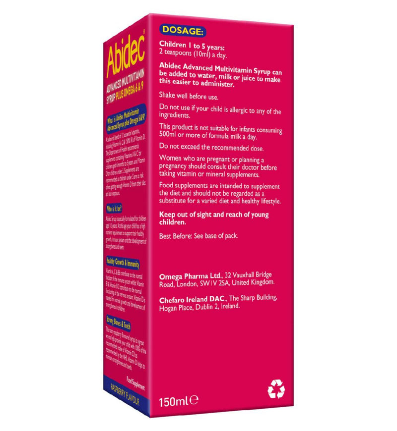 Abidec Advanced Multivitamin Syrup Raspberry Flavour 150ml - British product