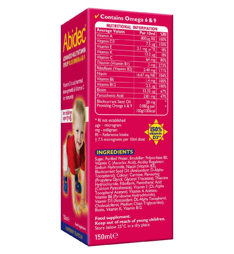 Abidec Advanced Multivitamin Syrup Raspberry Flavour 150ml - British product