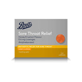 Boots sore throat relief honey lemon lozenges 24 count - British product