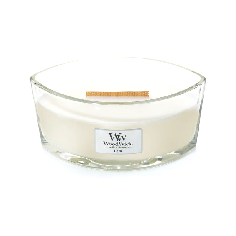Bougie WoodWick Linen Ellipse avec flamme crépitante (marque britannique)