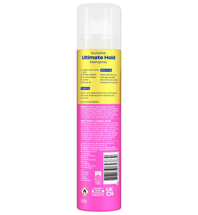 VO5 Ultimate Hold hairspray 400ml aerosol can, UK version