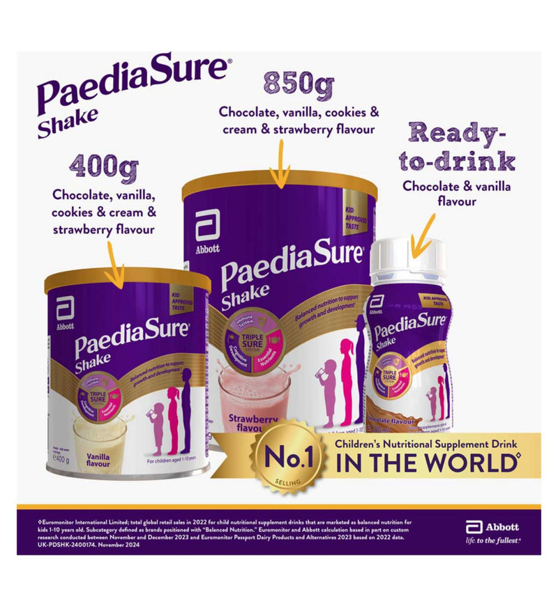 PaediaSure nutritional shake chocolate 4x200ml, imported from the UK