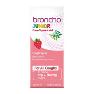 Bronchostop Junior hostesirup jordbærsmak spedbarn forkjølelse lindring 120ml