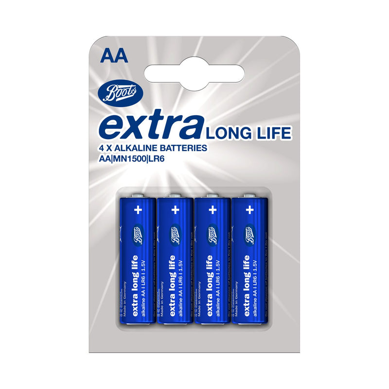 Boots AA extra lasting batteries alkaline 4 pack - British product
