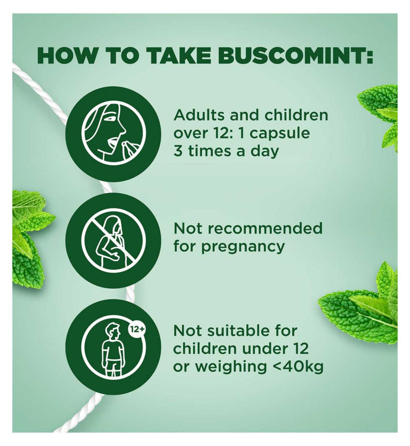 Buscomint peppermint oil capsules 0.2ml 24 count (British brand)