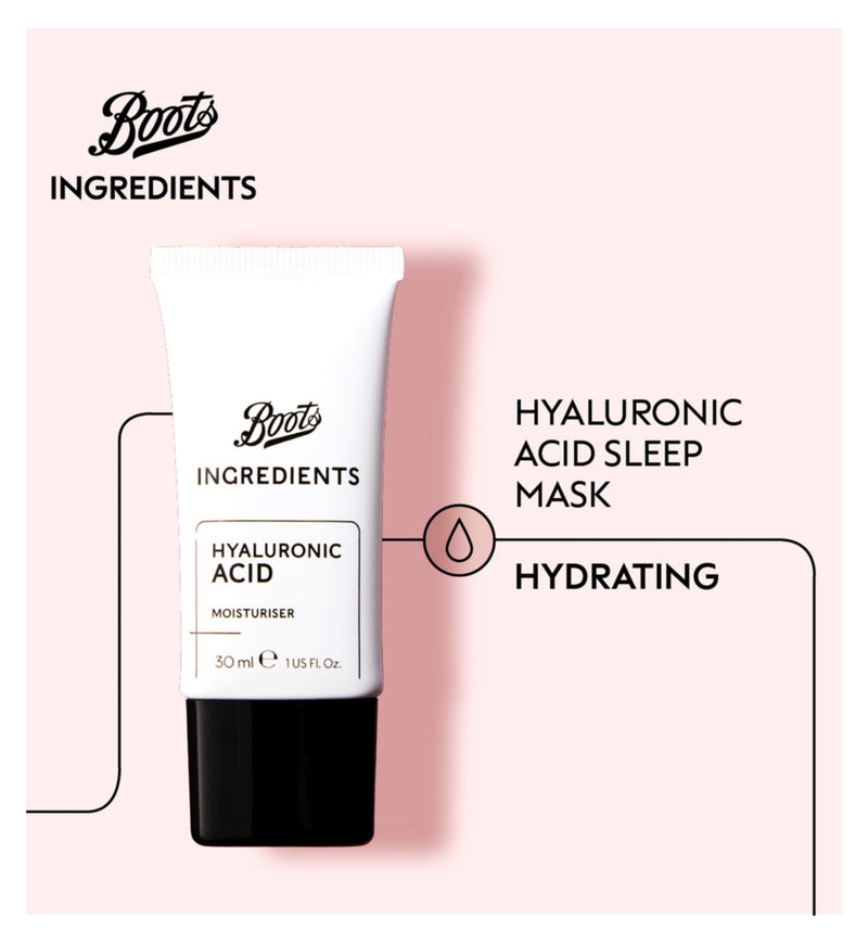 Boots Ingredients Hyaluronic Acid Sleep Mask 30ml, UK version