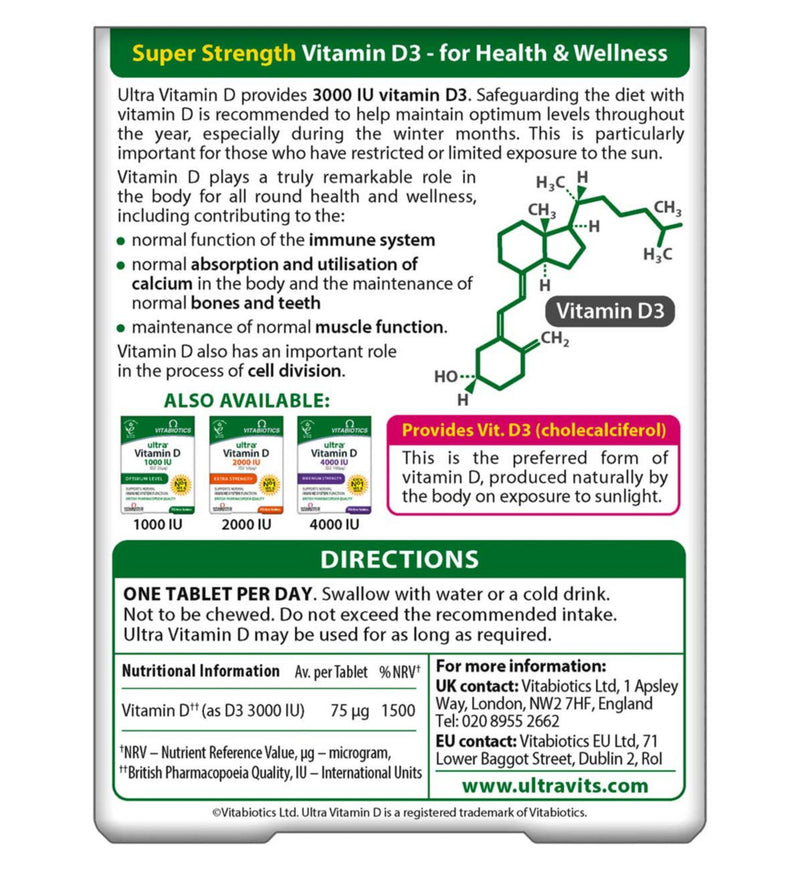 Vitabiotics Ultra Vitamin D3 3000 96 tablets, UK version