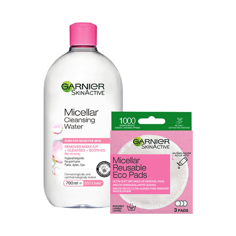 Garnier Micellar Bundle upsized 700ml and reusable pads, UK version