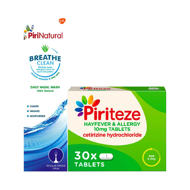 Piriteze allergy relief tablets and nasal wash bundle (British brand)