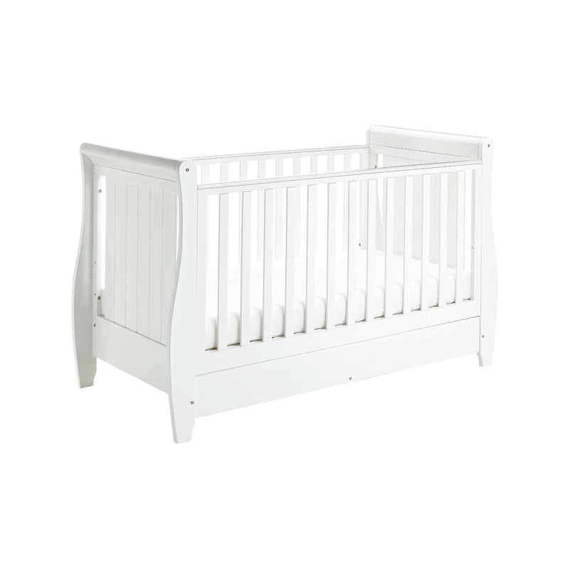 Babymore stella sleigh cot bed dropside with drawer - British product