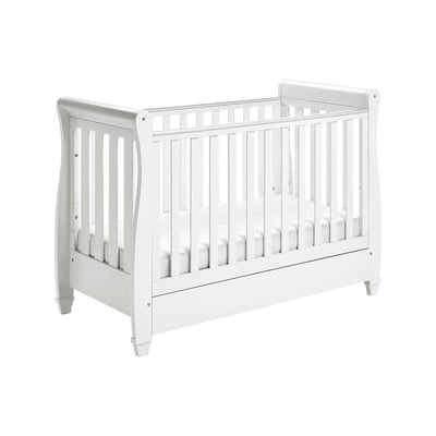 Boots Babymore Eva Sleigh Cot Bed Dropside with Drawer White 137x66x100cm- Buy online at McGrocer